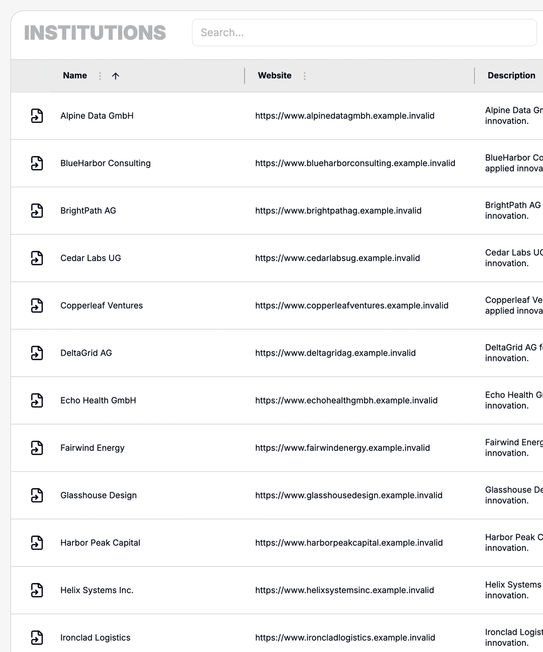 Institution management with assigned contacts.