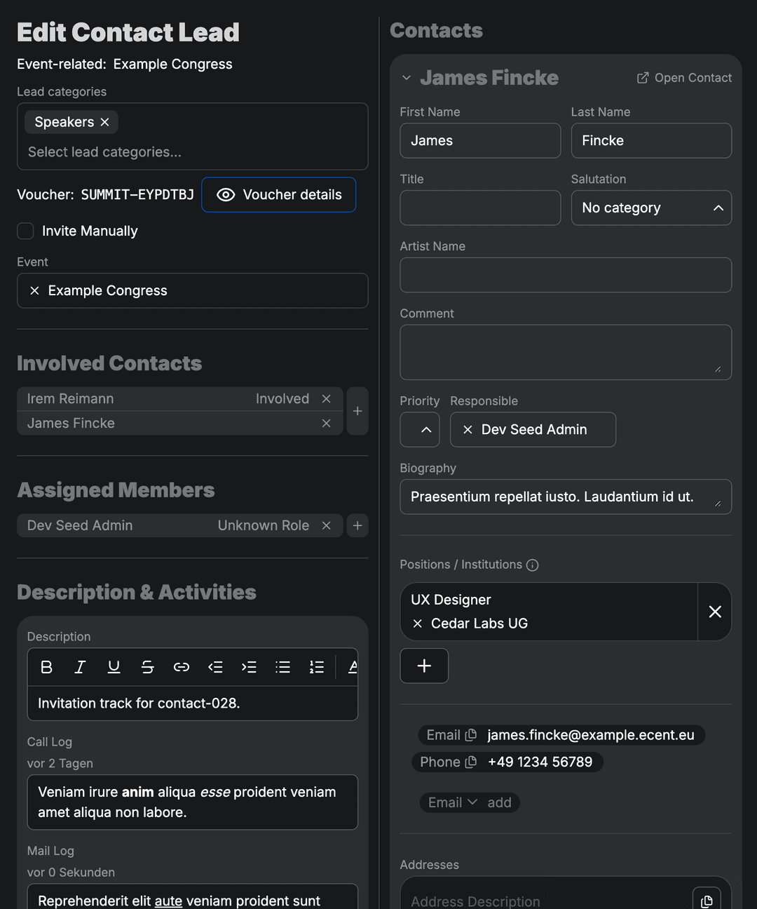 Lead overview with source, status, and event links.
