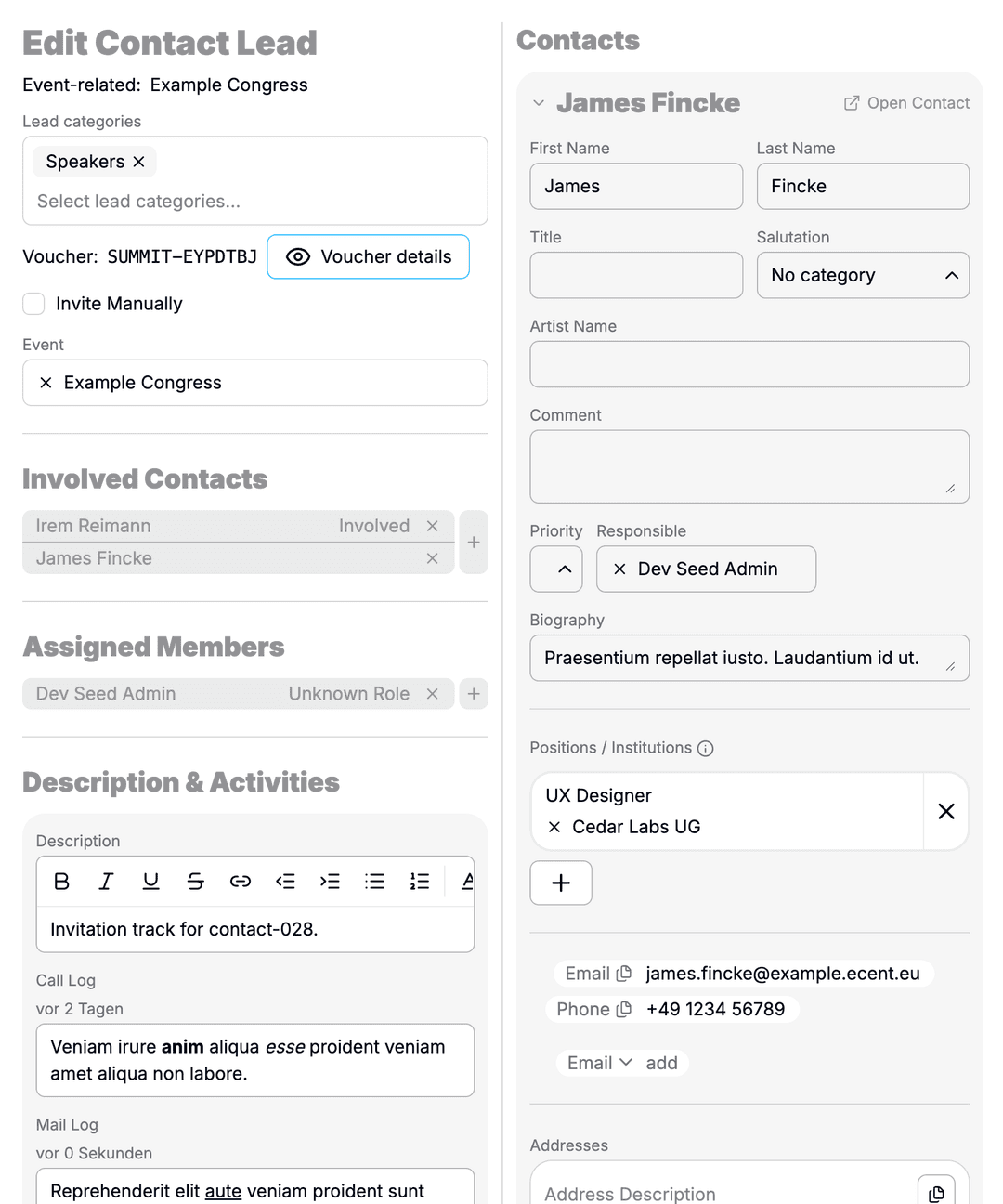 Lead overview with source, status, and event links.