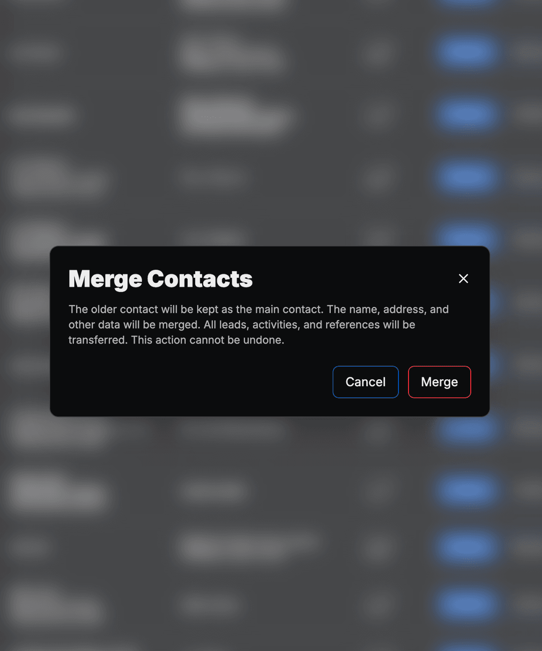 Duplicate review with side-by-side comparison before merge.