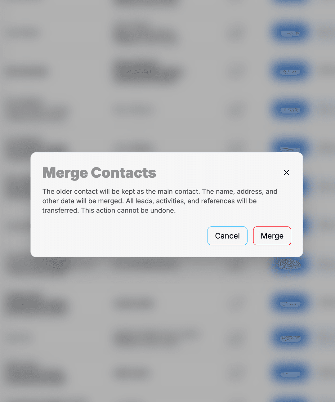 Duplicate review with side-by-side comparison before merge.