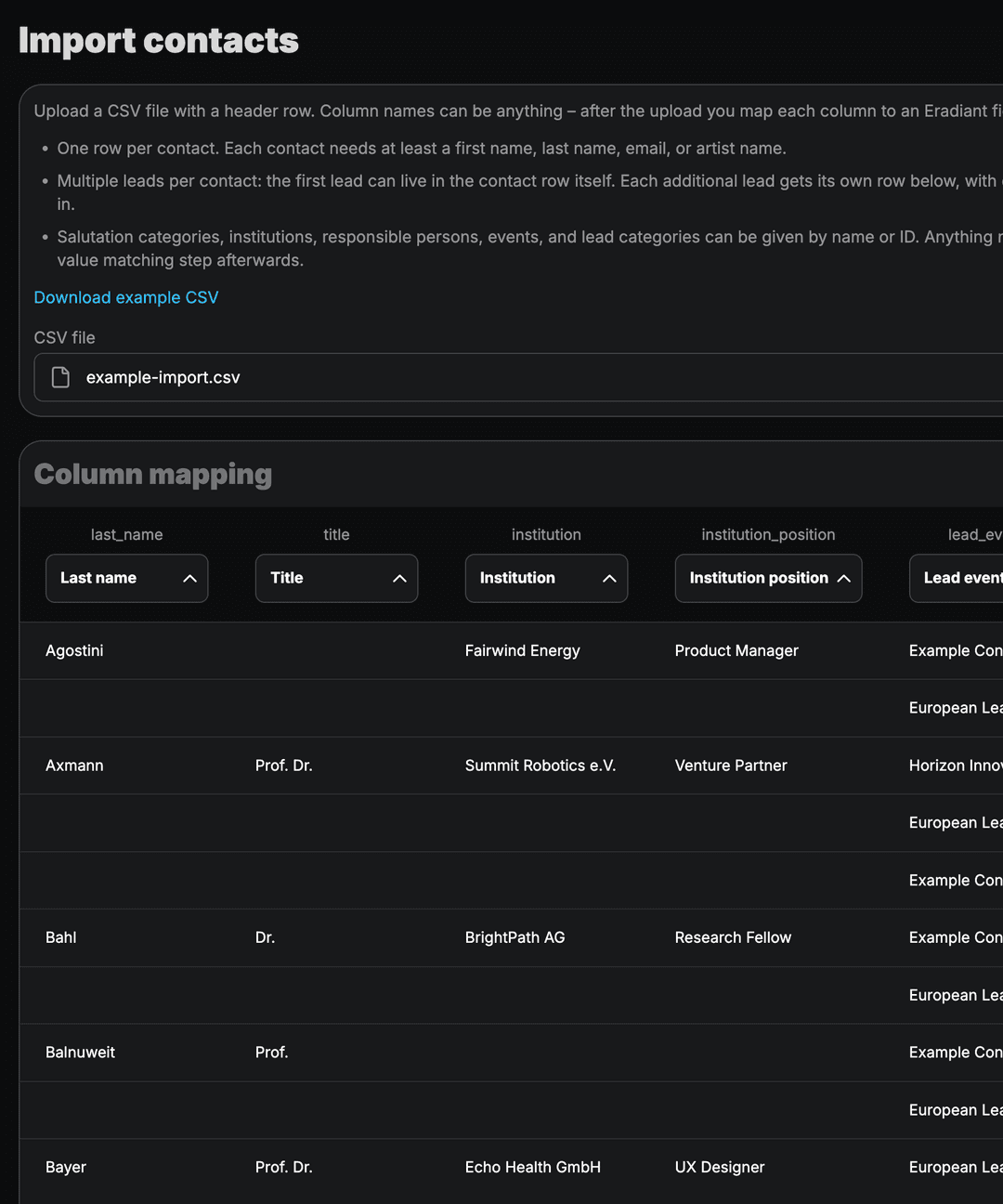 Contact import from external sources.