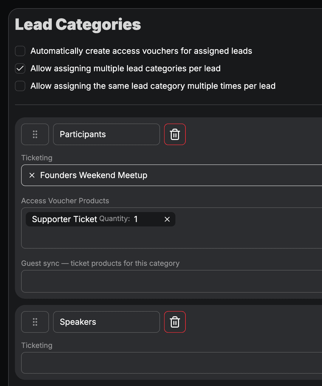 Lead and event categories with access voucher assignment.