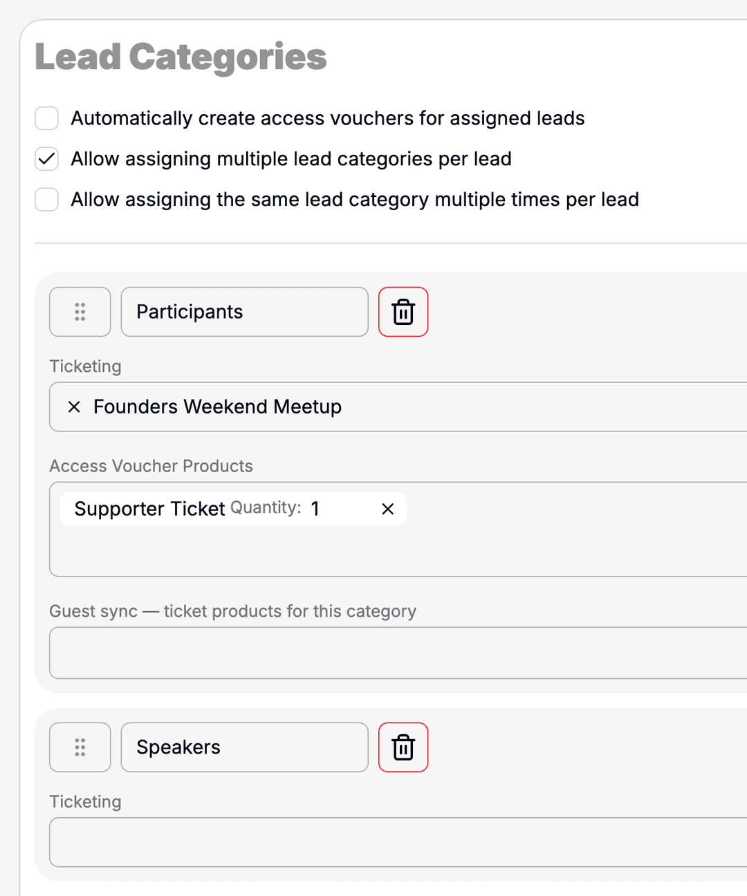 Lead and event categories with access voucher assignment.