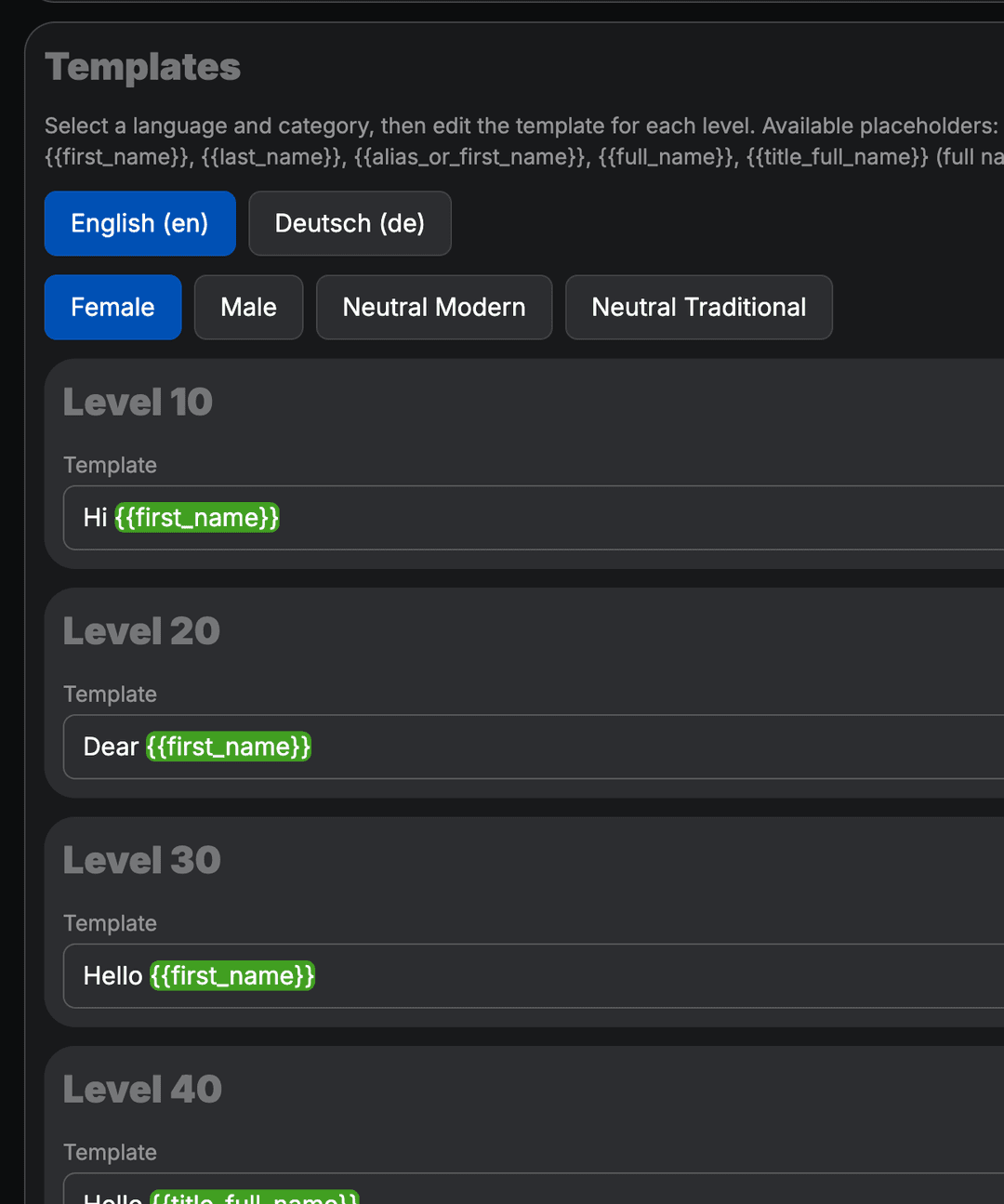 Salutation forms with levels, categories, and templates.