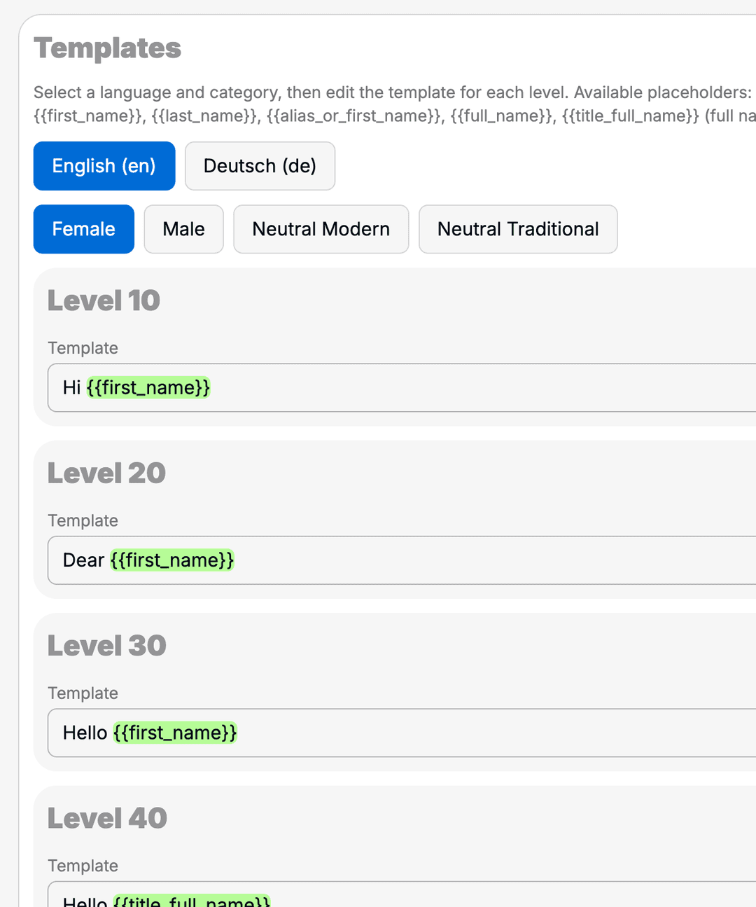 Salutation forms with levels, categories, and templates.