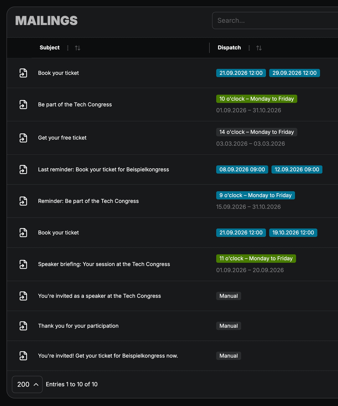Mailing overview with templates and send history.