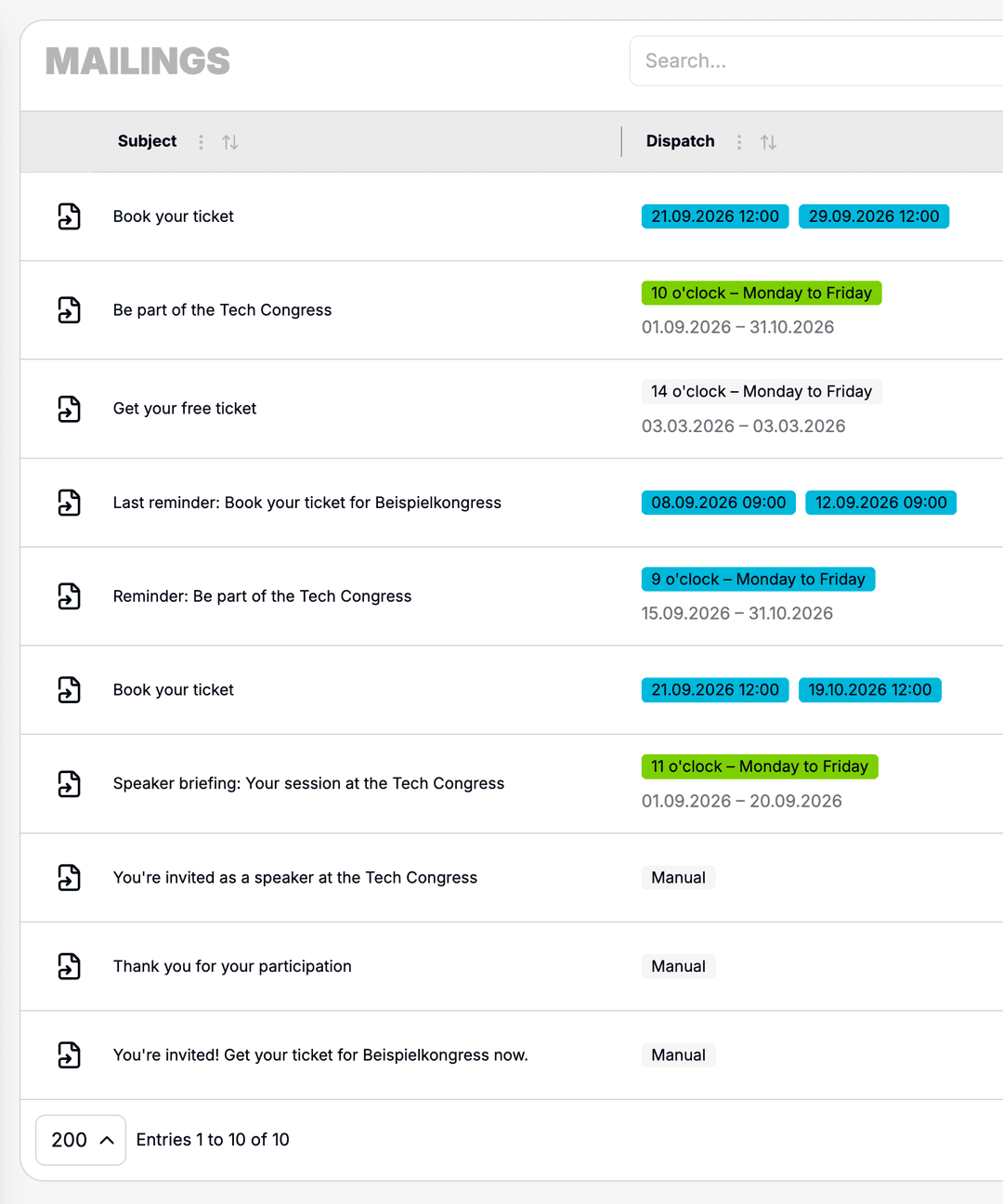 Mailing overview with templates and send history.
