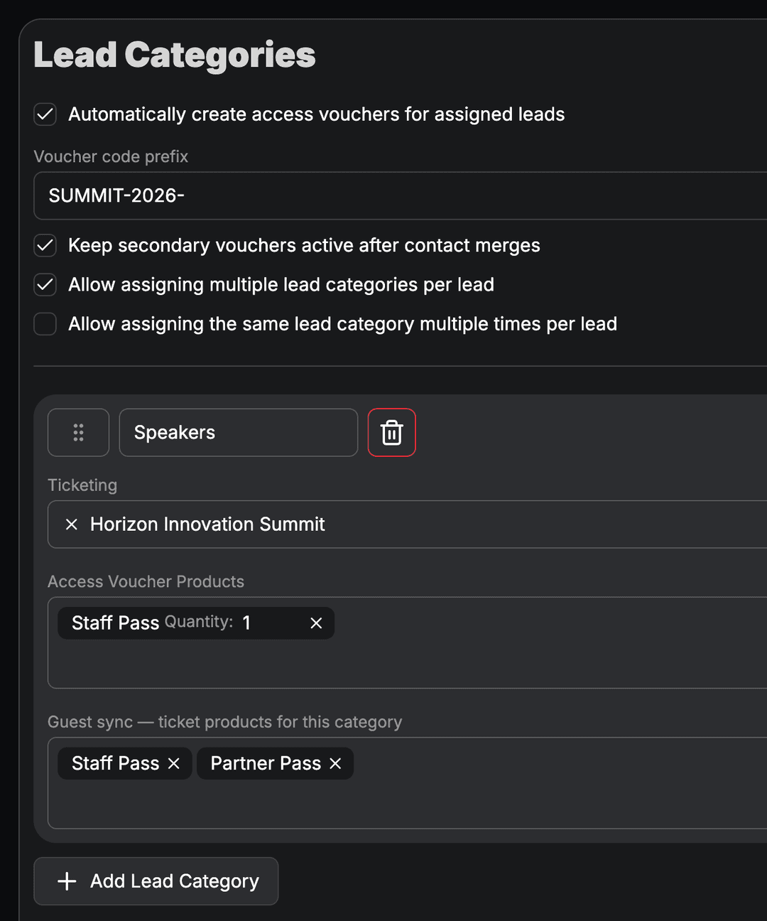 Lead categories with ticketing and voucher links.