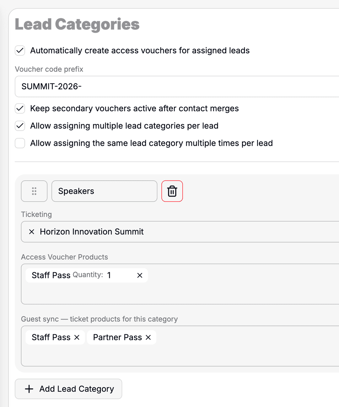 Lead categories with ticketing and voucher links.