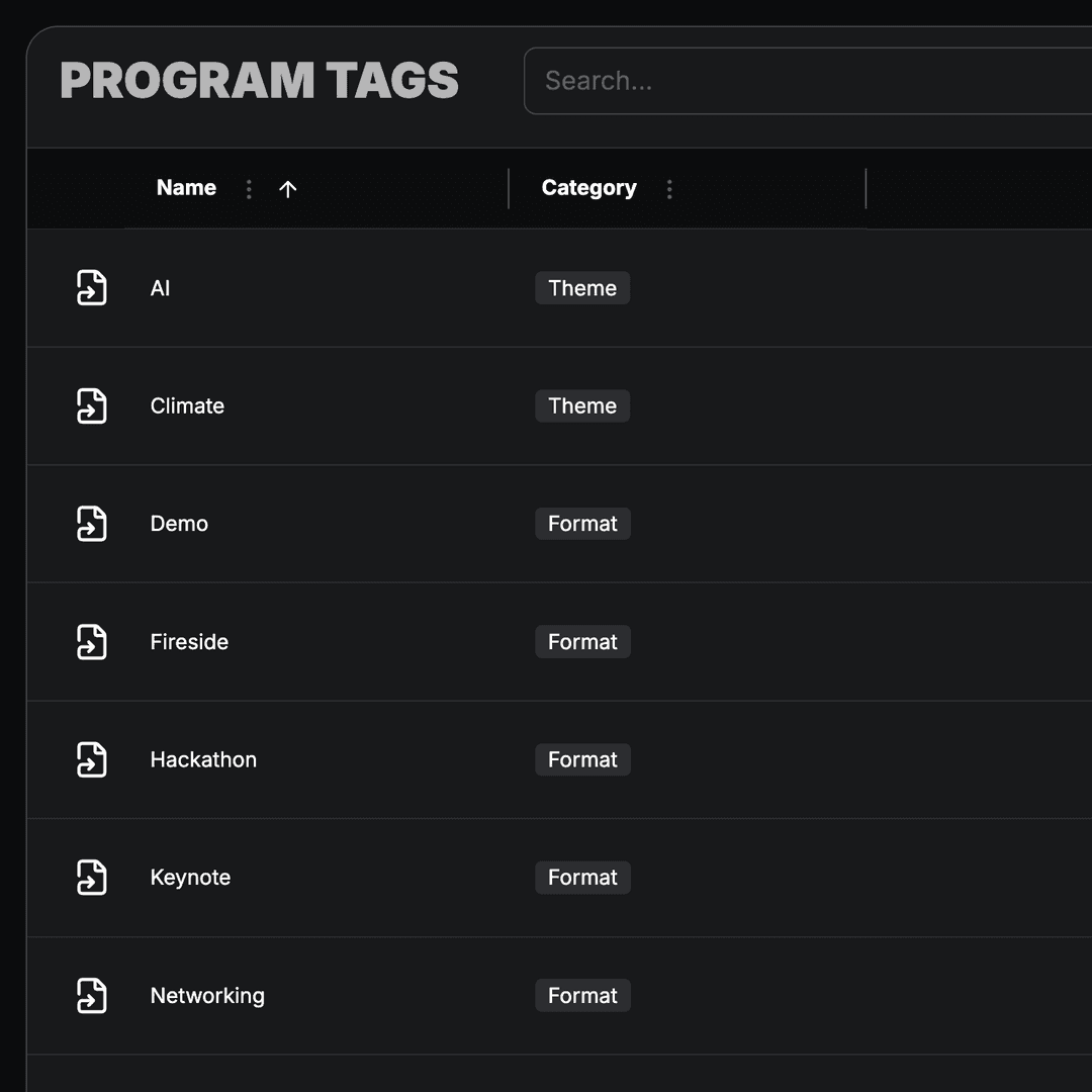 Program tags for categorizing sessions.