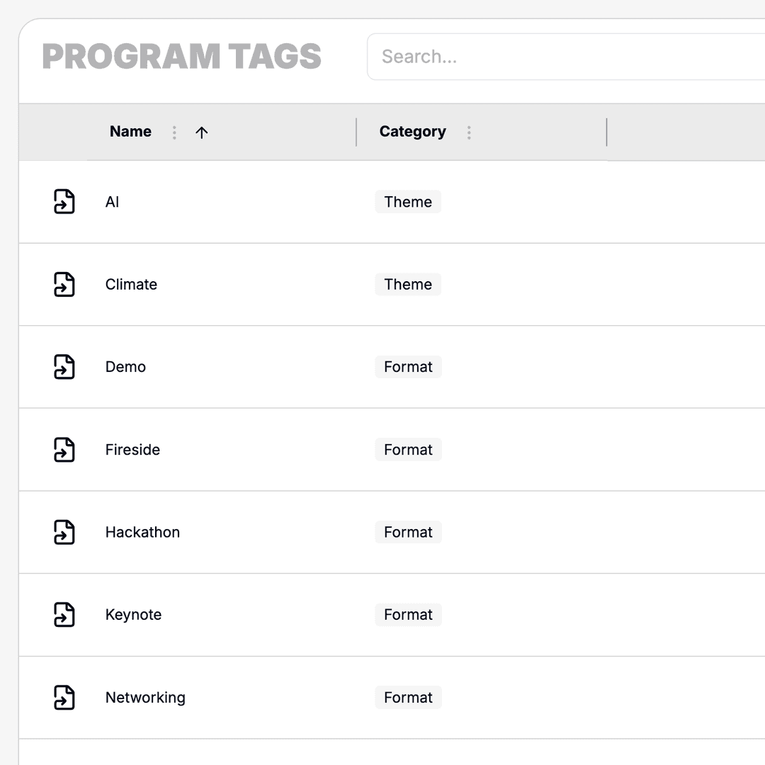 Program tags for categorizing sessions.