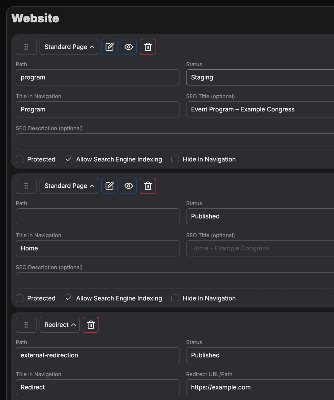 Event website editor with content sections.