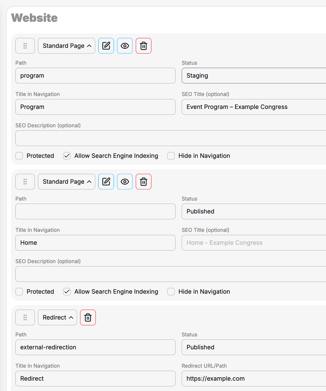 Event website editor with content sections.