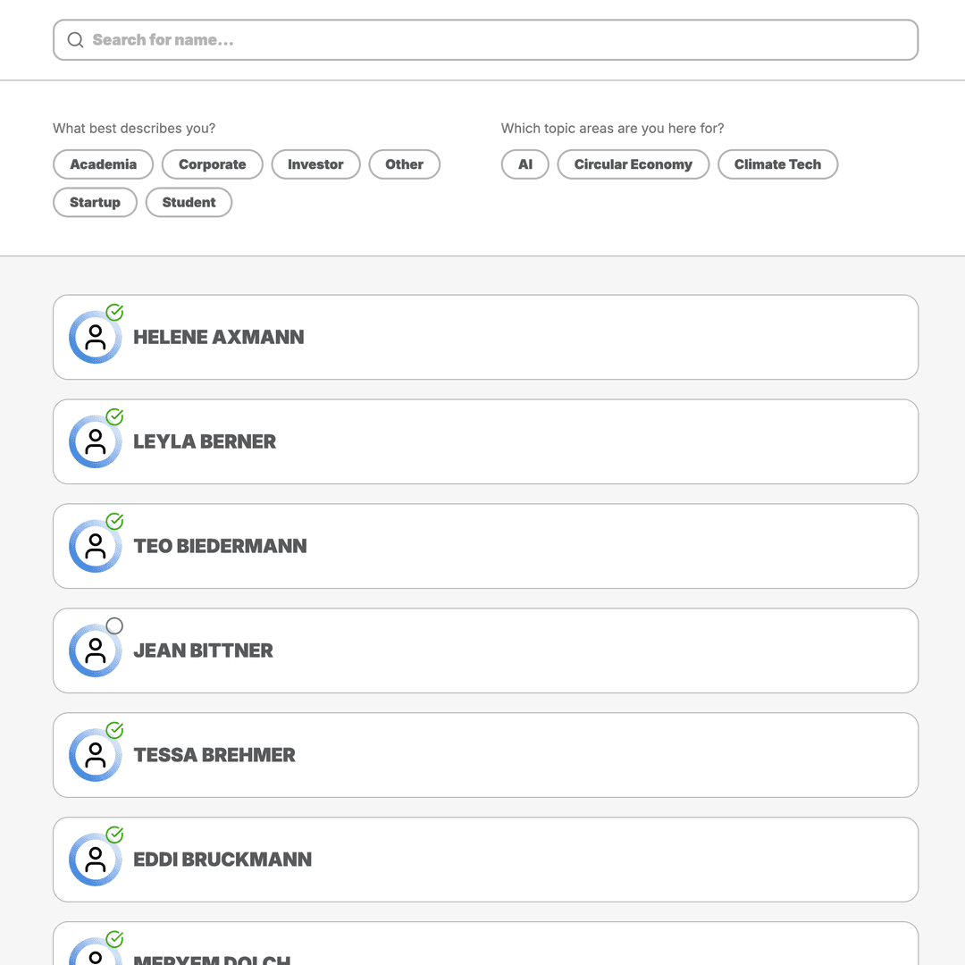 Networking view with profiles and appointment booking.