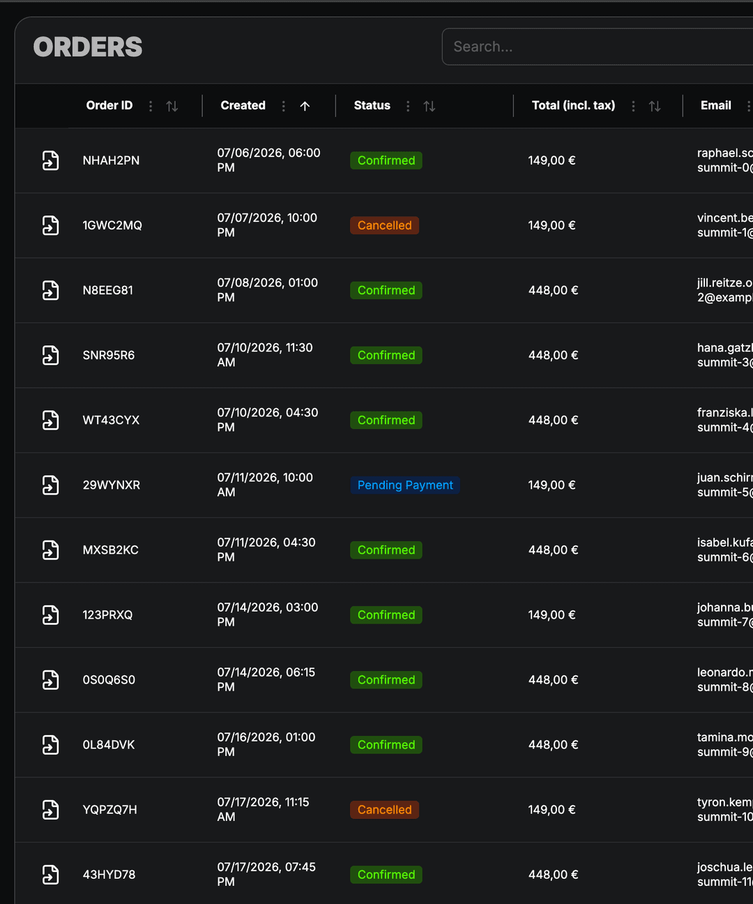 Order overview with payment status and buyer data.