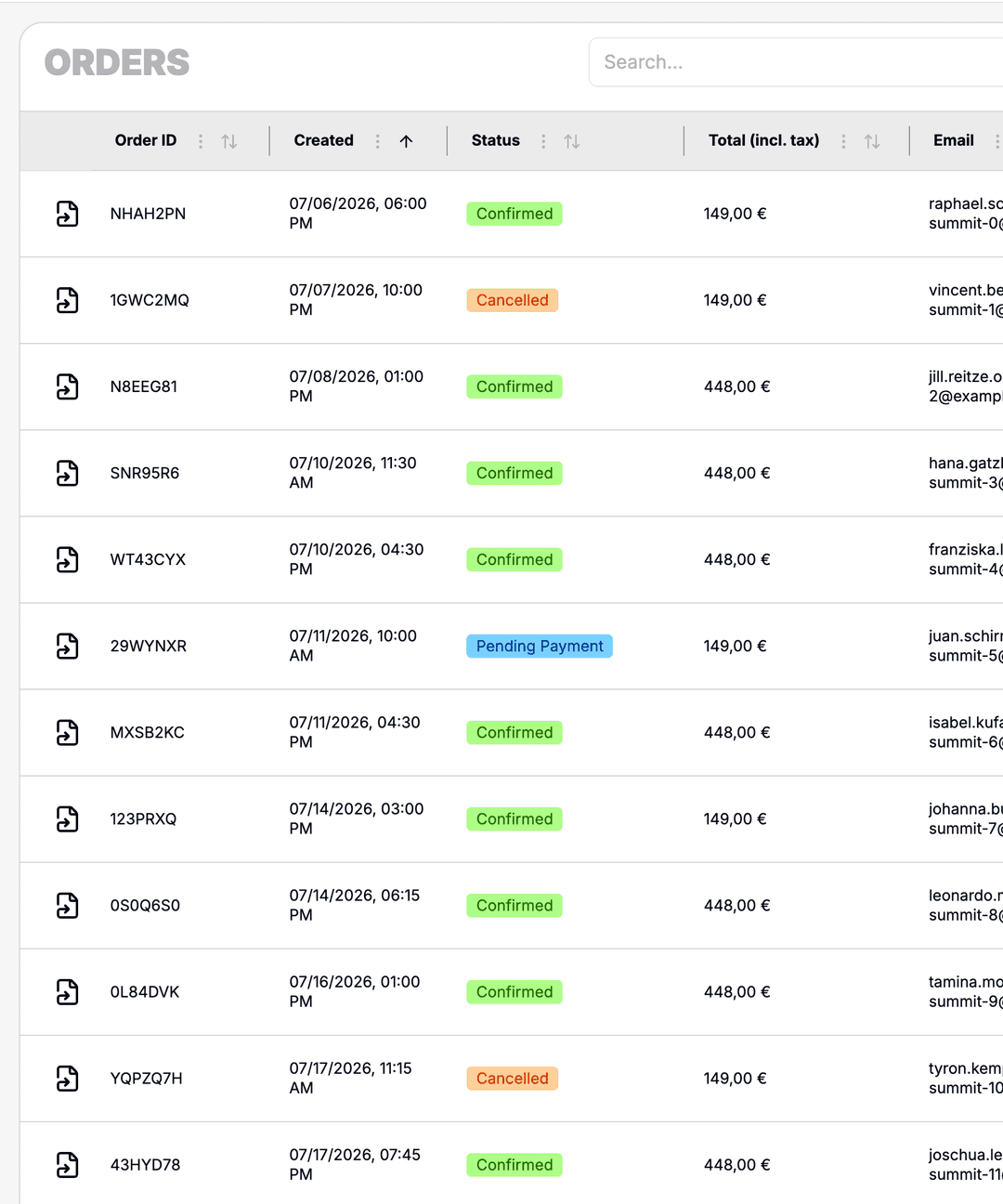 Order overview with payment status and buyer data.