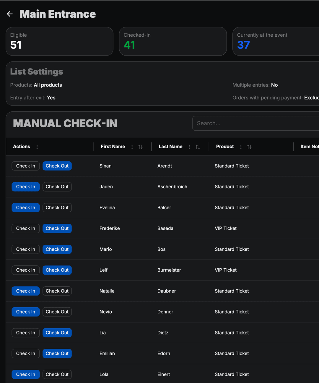 Check-in lists for on-site entry.