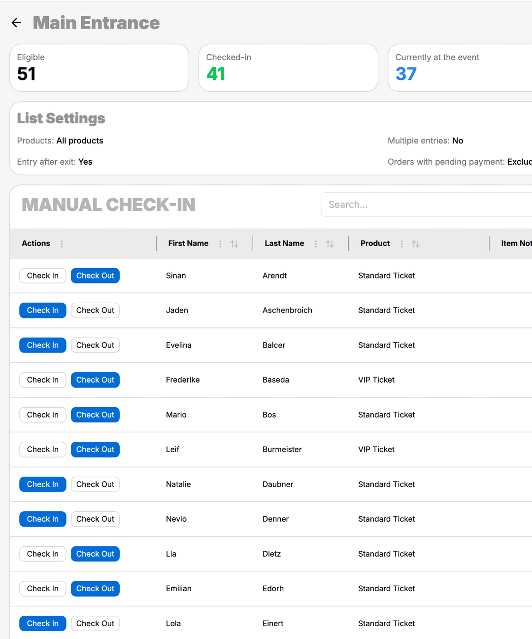Check-in lists for on-site entry.
