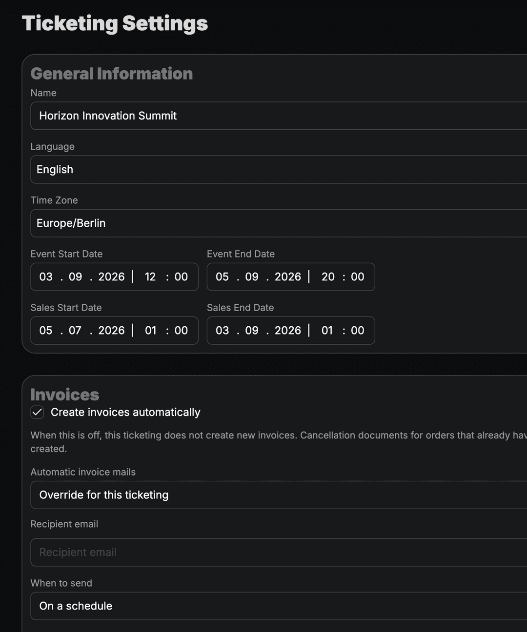 Ticketing settings for shops, invoices, and delivery.
