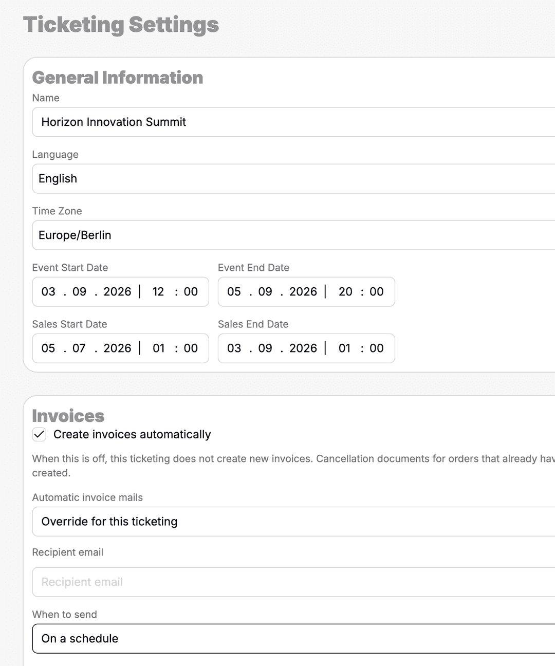 Ticketing settings for shops, invoices, and delivery.