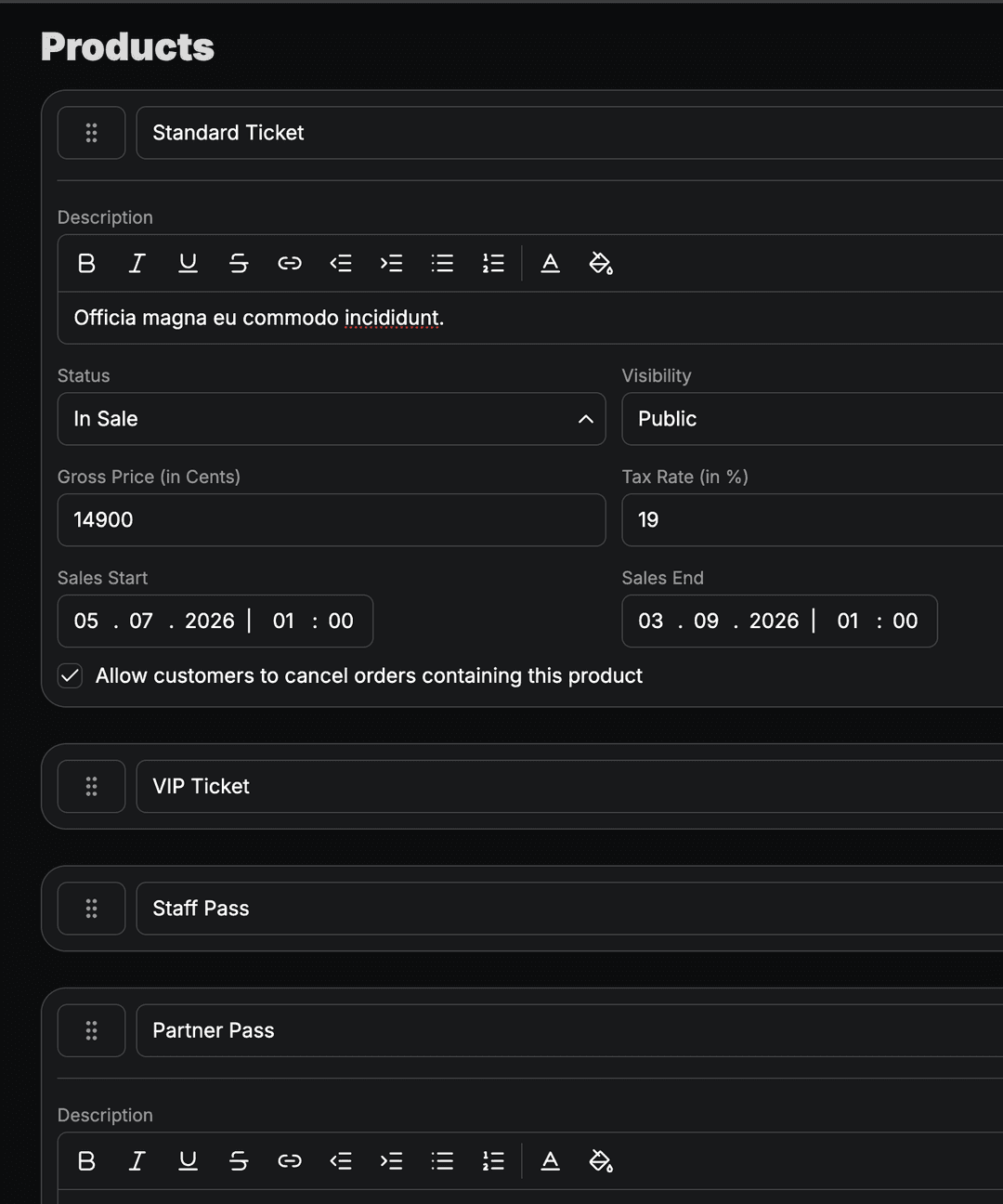 Product configuration with ticket types and pricing.