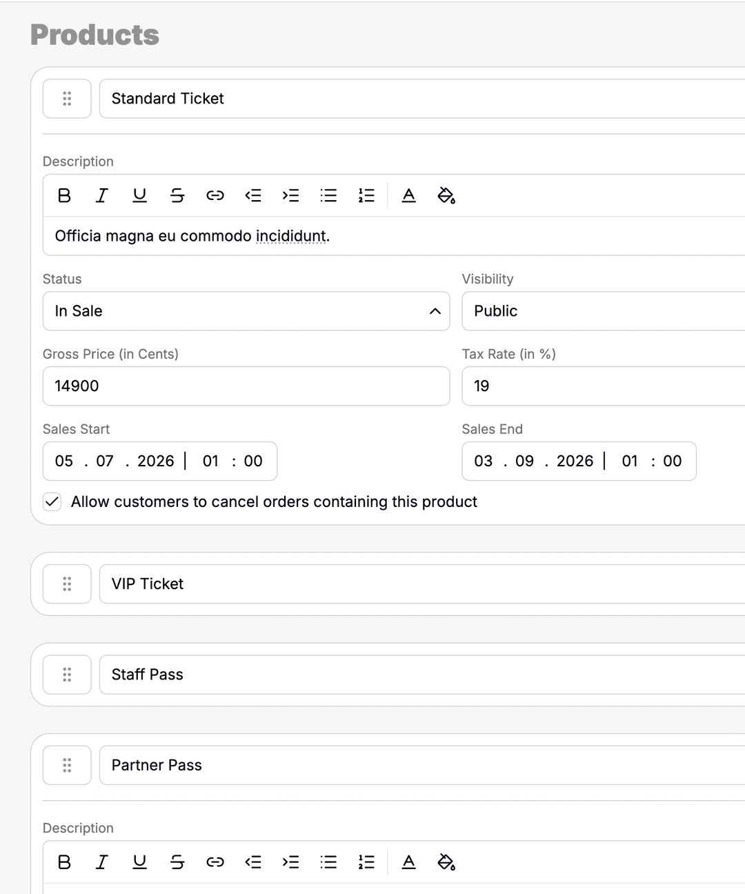 Product configuration with ticket types and pricing.