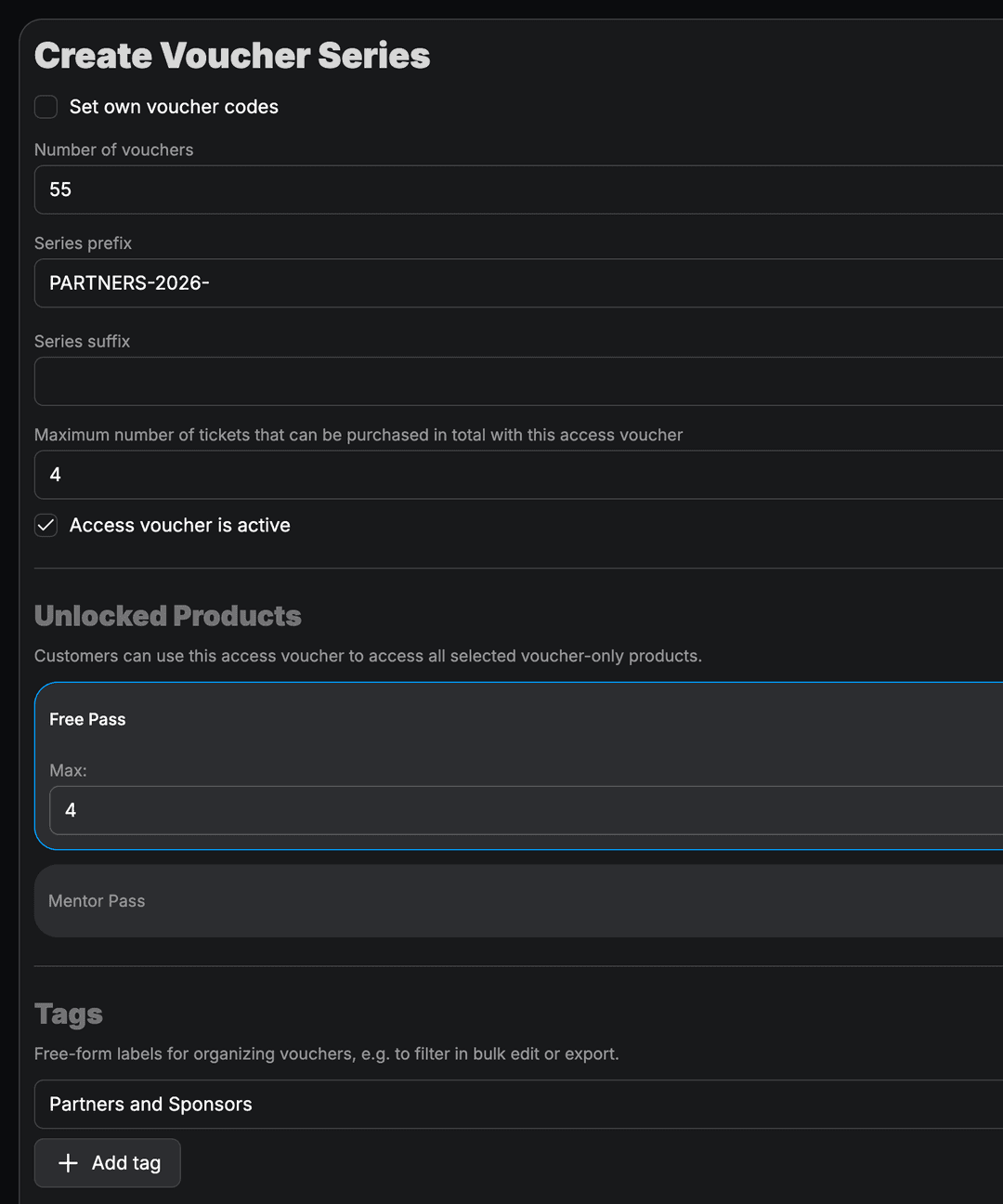 Access vouchers with redemption codes and limits.