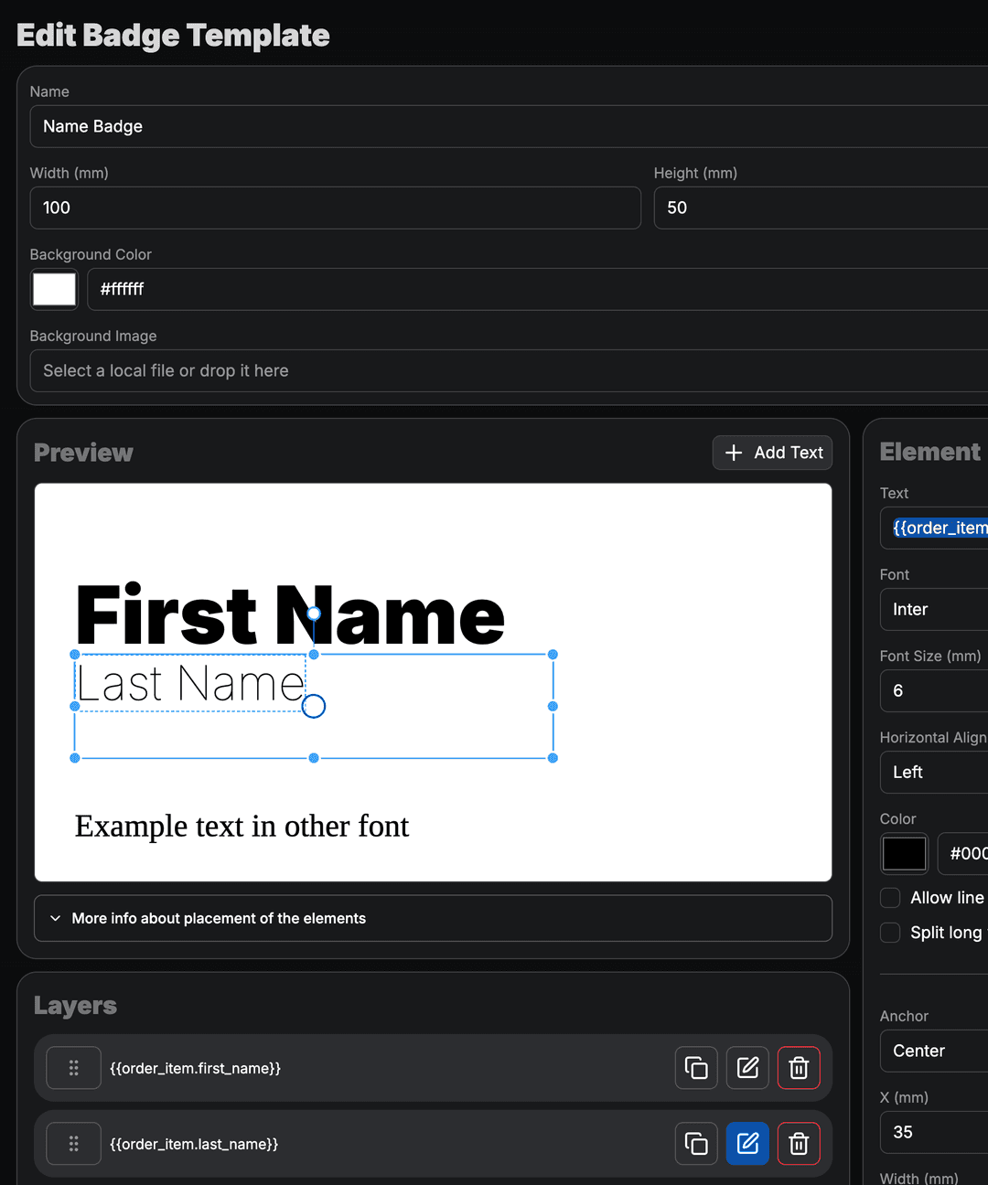 Badge layouts with logos and attendee fields.