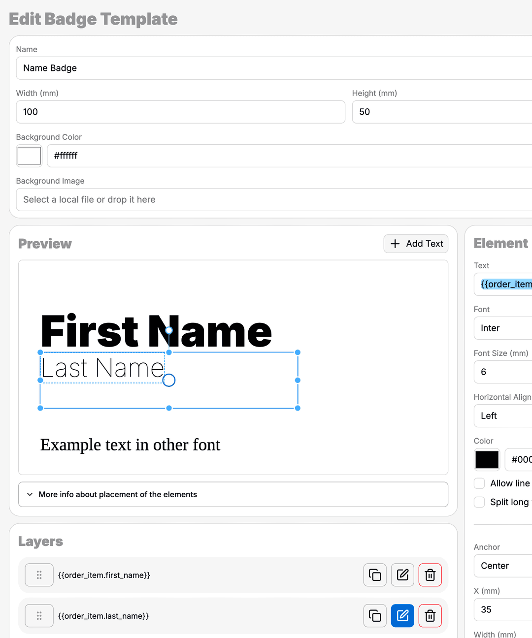 Badge layouts with logos and attendee fields.