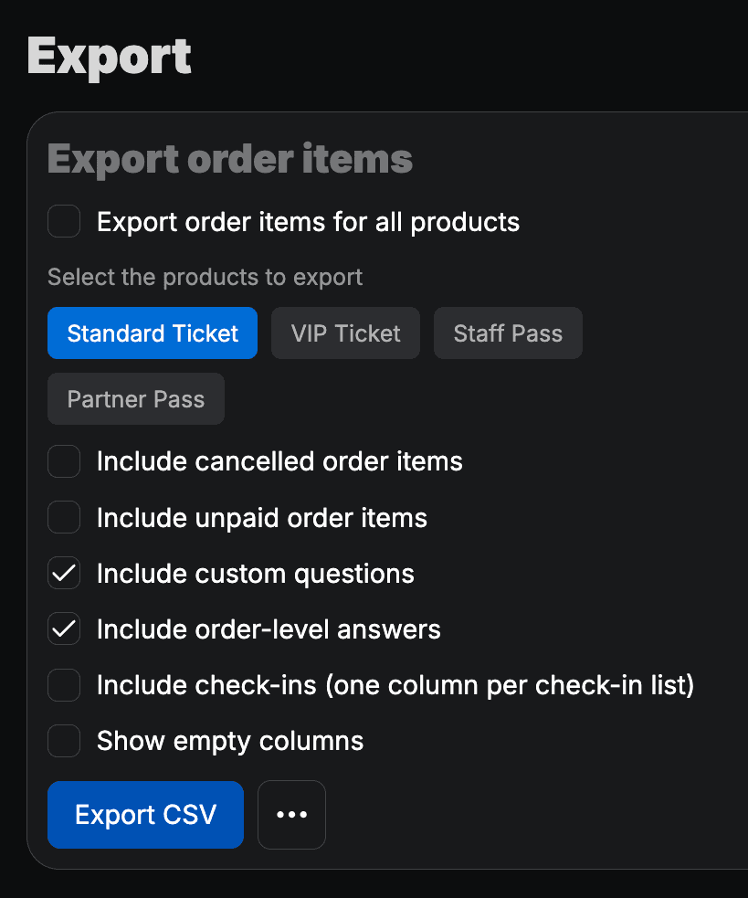 Ticketing export of orders and attendee data.