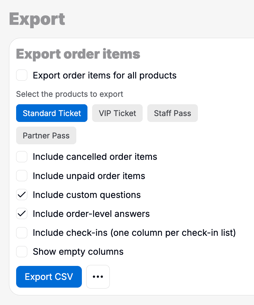 Ticketing export of orders and attendee data.