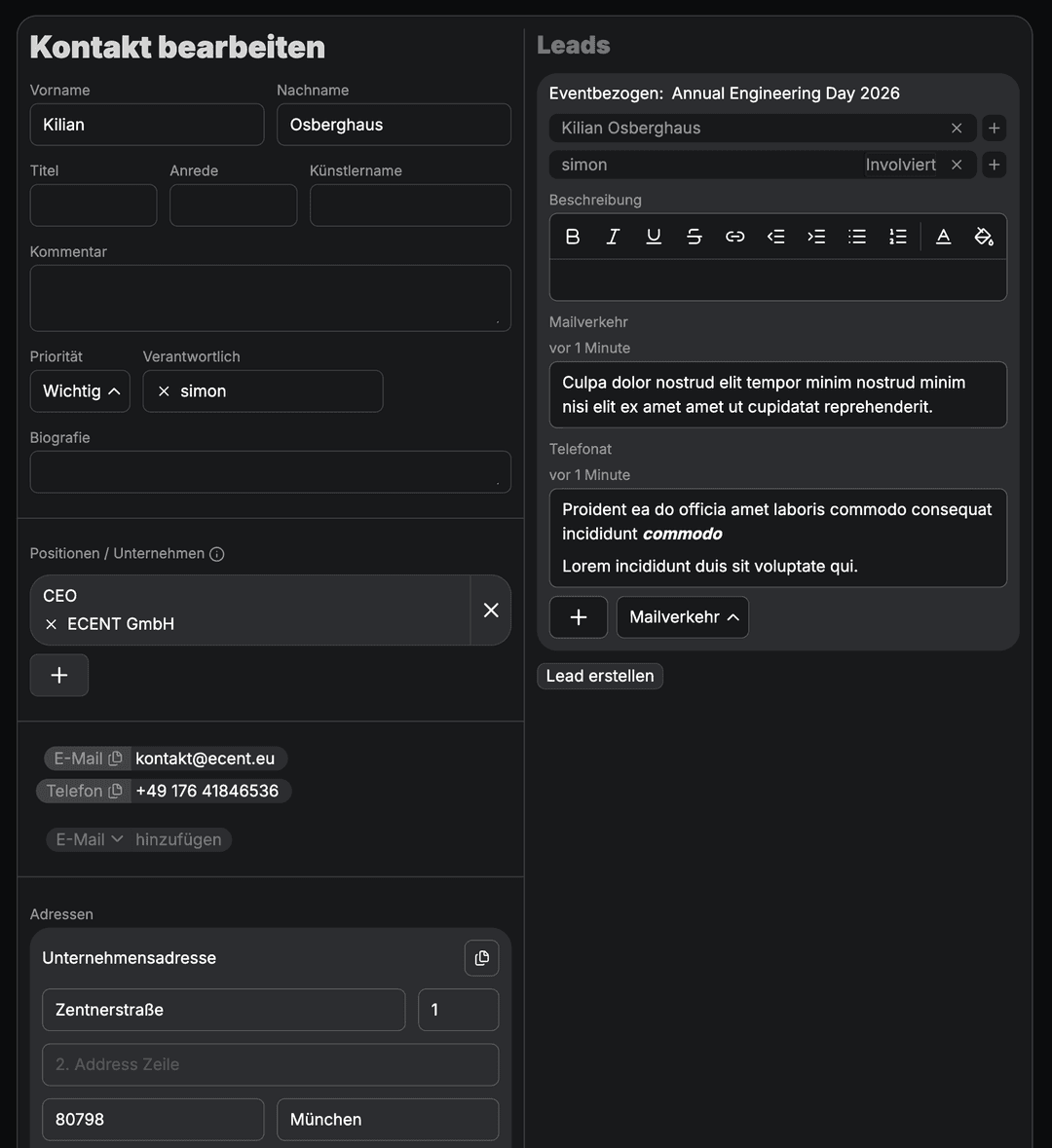 An example of a contact with a lead for an event.